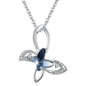 Blue Crystal Butterfly Pendant Necklace Sterling Silver Gift for Women Girls